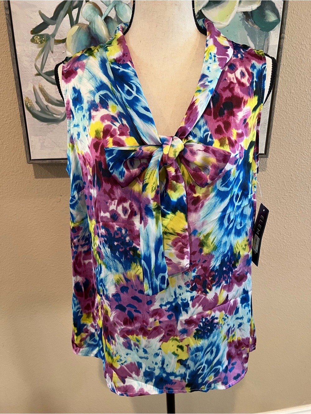 Elementz Vivid Floral Tie-Neck Sleeveless Camisole in Blue, Purple & Yellow